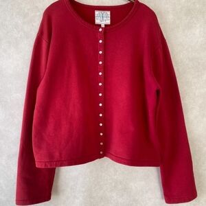 Red Button-Front Crewneck Cardigan